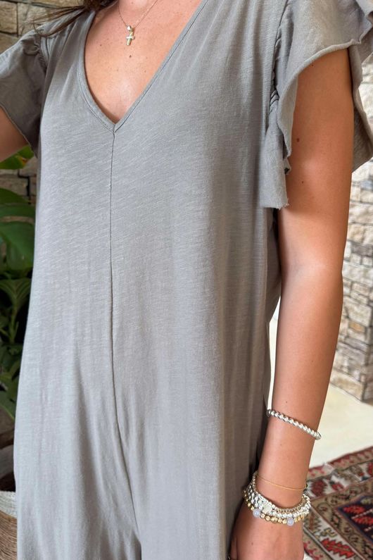 Made in Italy Bay Slub Mamma Mia Frill Jumpsuit Mocha